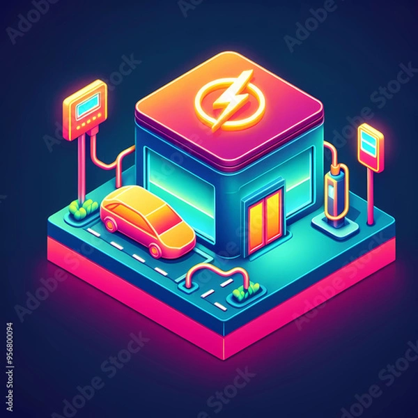 Fototapeta Car Charging Station Isometric Low Poly Icon with Colorful Neon Elements. Isolated on dark background.