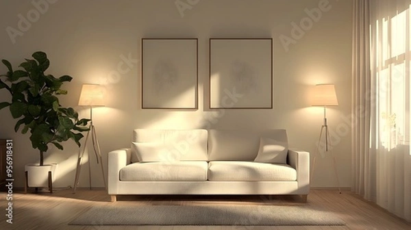 Fototapeta Cozy and Inviting Minimalist Modern Living Room with Comfortable Sofa and Soft Calming Lighting  Elegant and Stylish Home Interior Design