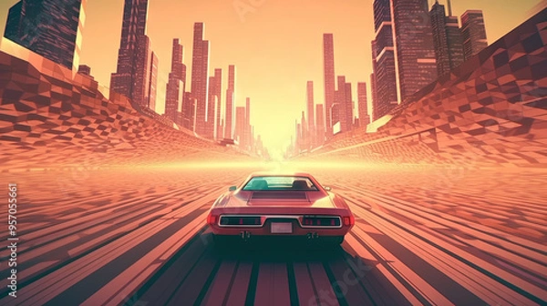 Fototapeta Retro styled car in high speed drive to horizon. Retro futuristic landscape with car in day time