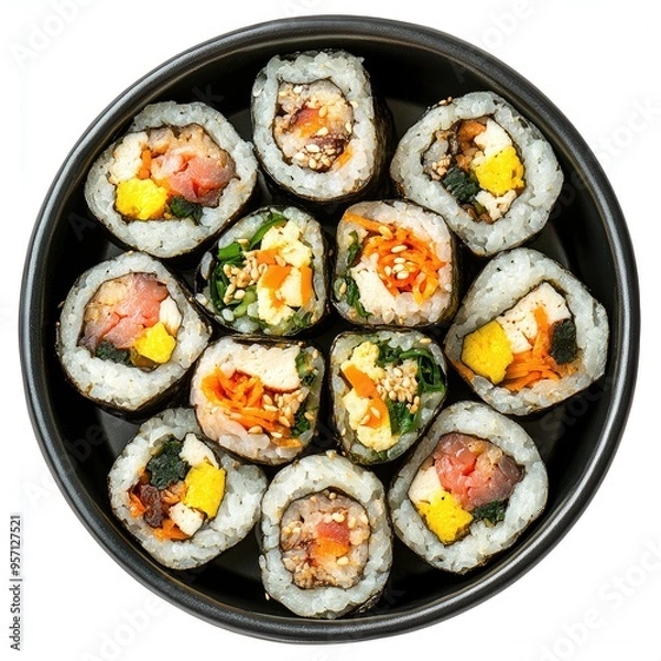 Fototapeta A Variety of Kimbap Rolls in a Black Bowl