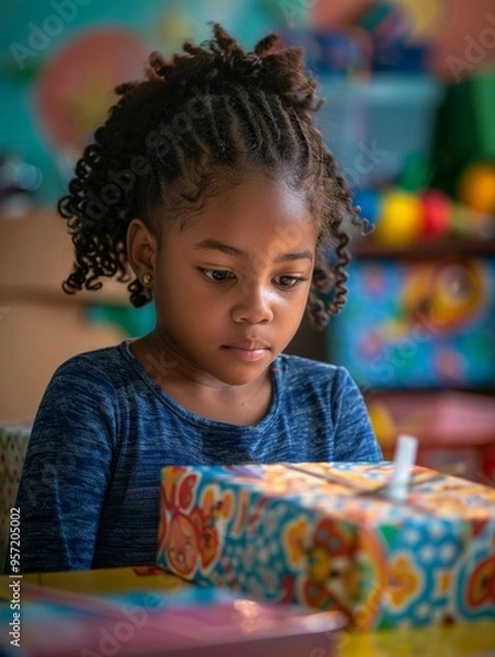 Fototapeta Young Girl Wrapping Gift for Charity in Pastel Room, Radiating Innocence Amid Colorful Toys - Capturing Generosity on International Day of Charity