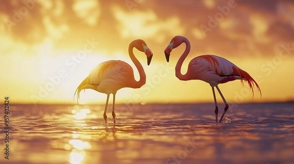 Fototapeta   A pair of flamingos posed atop a serene lake before the sunset