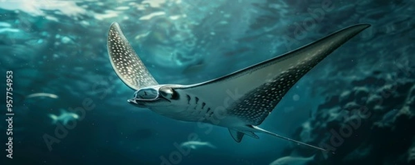 Fototapeta Graceful eagle ray soaring through the water, 4K hyperrealistic photo