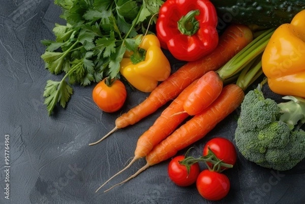 Fototapeta A collection of colorful vegetables like carrots, bell peppers, and tomatoes on a dark background, with ample copy space