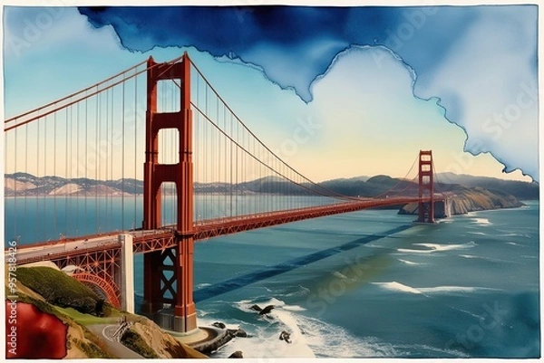 Fototapeta Surreal Watercolor Art of Golden Gate Bridge in San Francisco California