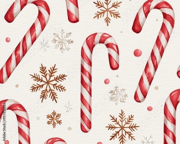 Fototapeta Seamless Christmas pattern with candy canes, snowflakes and red dots on a white background.