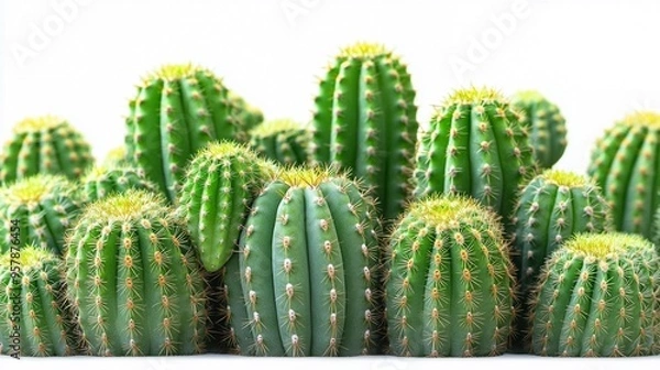 Obraz Cactus Cluster: A vibrant collection of green cacti against a clean white background, perfect for nature, botanical, and desert-themed designs. The spiky, resilient plants symbolize strength and resil