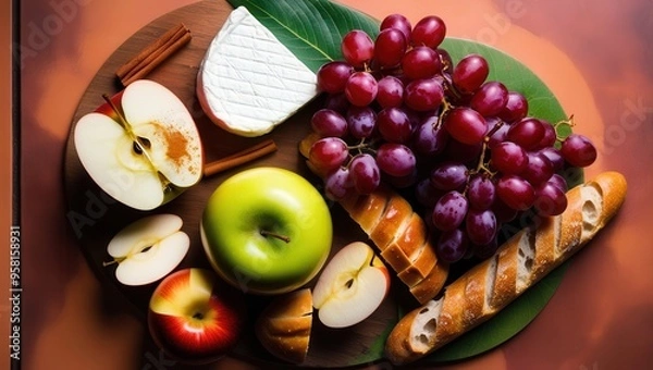 Fototapeta Apples, cinnamon, cheese, grapes, baguette