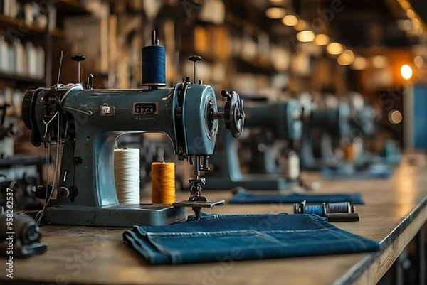 Fototapeta Vintage Industrial Sewing Machine with Denim Fabric - Photo