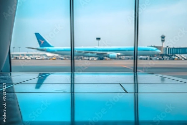 Fototapeta Close-up of an empty table  in an airport background for product display presentation template design