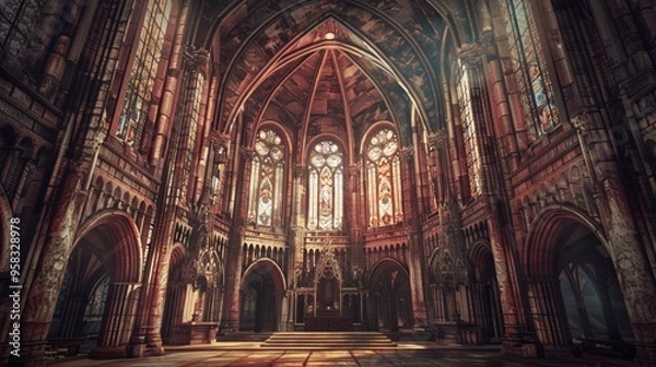 Fototapeta Gothic Cathedral Interior with Stained Glass Windows and Light Beams