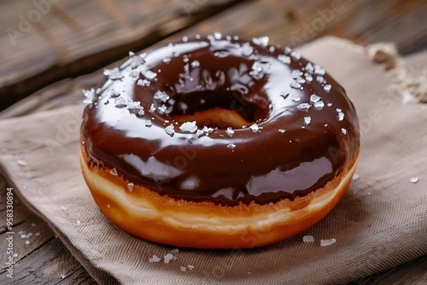 Fototapeta Isolated sweet donut with chocolate icing on a white plate, perfect for breakfast or snack