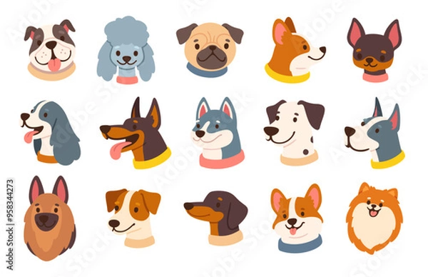 Fototapeta Dog avatars. Cartoon dog faces. Various doggy heads. Cute puppy portraits of different breeds. Friendly profiles pet icons. Funny muzzles. Vector set.