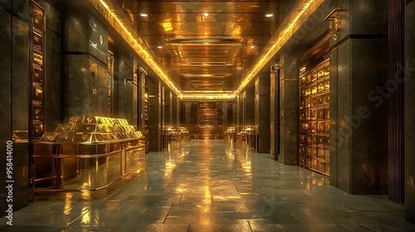 Fototapeta A luxurious corridor of a gold vault shines with security and the promise of vast riches.