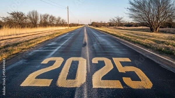 Fototapeta A quiet empty street with 2025 painted on the asphalt, the numbers stretching towards the horizon, representing the path to new goals, with a clear sky overhead