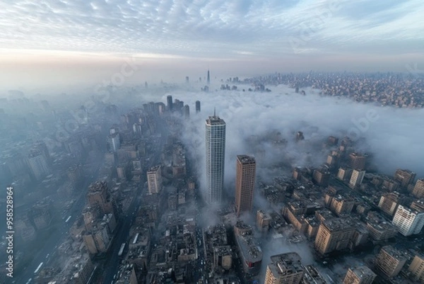 Fototapeta A striking photo of a central skyscraper standing tall amidst a sprawling city shrouded in fog, highlighting the grandeur and magnitude of urban architecture.