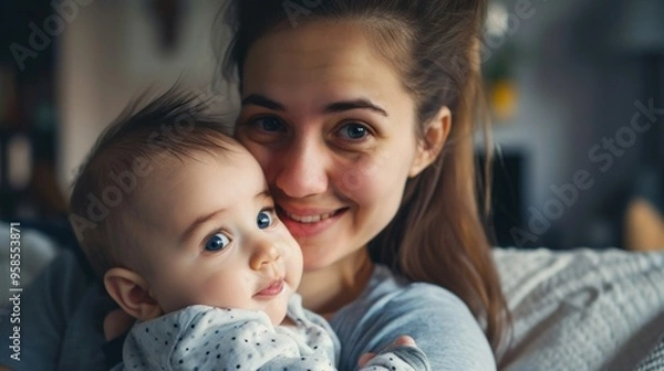 Fototapeta mother cuddling her baby with smile on their faces and adorable look on baby face