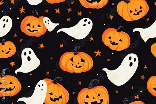 Fototapeta Halloween seamless pattern featuring smiling pumpkins, cute ghosts, and orange stars on a black background