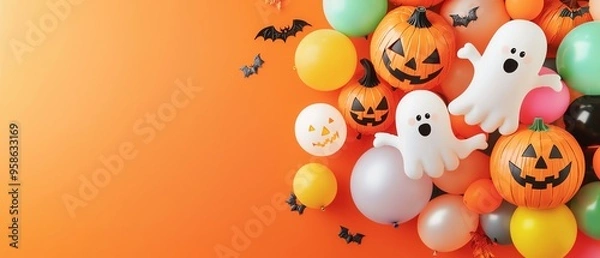 Fototapeta Colorful Halloween decorations with pumpkins, balloons, and cute ghosts create a festive atmosphere for the spooky season.