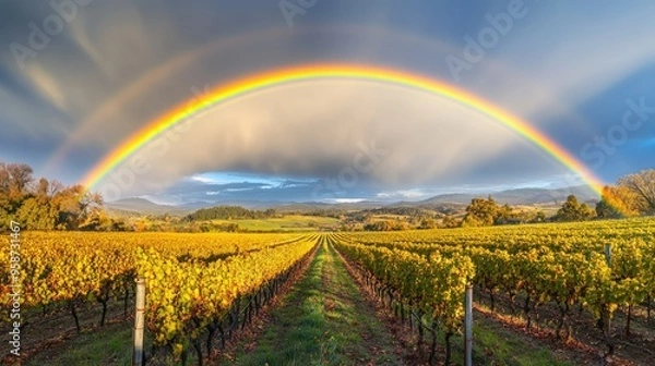 Fototapeta A rainbow forming a stunning backdrop to a serene vineyard with rows of grapevines and a clear, sunny sky