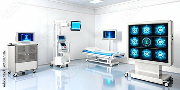 Fototapeta Modern AI-Driven Healthcare Facility with Smart Technology Interfaces - Futuristic Concept in Flat Vector Illustration for Business