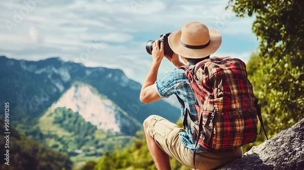 Fototapeta Man in a hat taking a photo of a mountainous landscape.