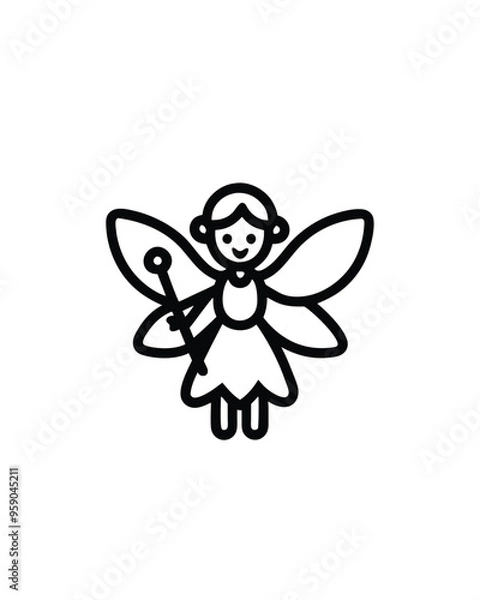 Fototapeta Editable stroke vector illustration of a fairy with translucent wings holding a magic wand.