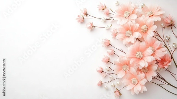 Fototapeta  Pink flowers on white background for card/brochure design