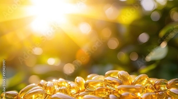 Fototapeta Vitamin D Pills with a Sunny Outdoor Backdrop, Highlighting the Importance of Vitamin D for Health, Wellness, and Sunlight Absorption