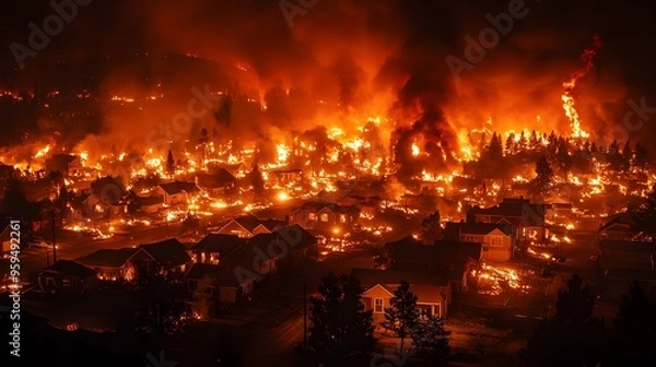 Fototapeta Nighttime fire scene with rows of houses engulfed in flames, firefighters working tirelessly to contain the chaos, ash-filled air