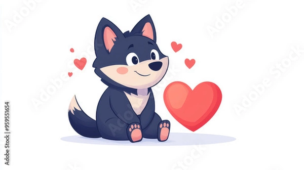 Fototapeta Adorable cartoon wolf sits by a heart, showcasing a charming blend of modern style and fun textures in a illustration.