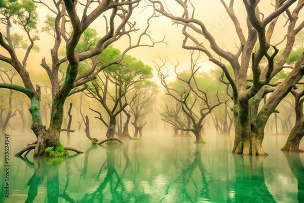 Fototapeta Foggy Swamp with Gnarled Trees