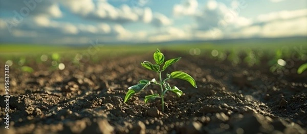 Fototapeta Close up perspective of a seedling in an agricultural field. Copy space image. Place for adding text and design