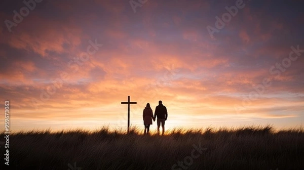 Fototapeta Sunset silhouettes of a couple by a cross, evoking themes of faith, love, and eternal commitment