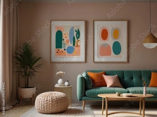 Fototapeta Modern Minimalist Living Room with Abstract Wall Art and Cozy Wooden Furniture