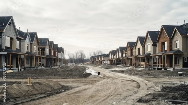 Fototapeta Rows of newly-built suburban homes stand on a dirt road under an overcast sky, depicting a developing neighborhood's quiet, uninhabited transformation.