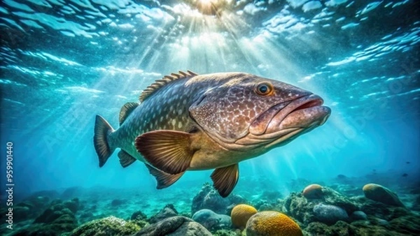 Fototapeta A large, majestic grouper fish swims majestically in the crystal-clear turquoise waters of the ocean, its silver scales shimmering in the sunlight.