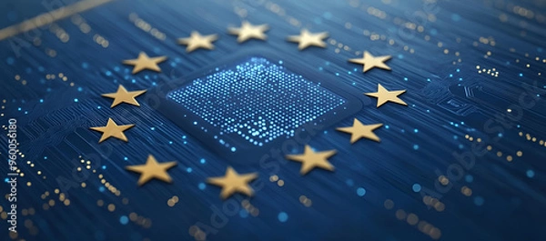 Fototapeta European Union Digital Technology and Innovation, Futuristic Abstract Design with Circuit Board and Stars