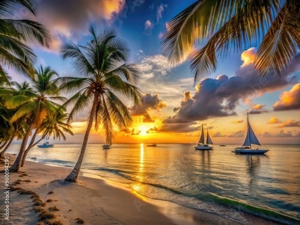 Fototapeta Serene sunset casts a warm glow on tranquil waters and powdery white sand beach, lined with swaying palm trees and sailboats in the distance.