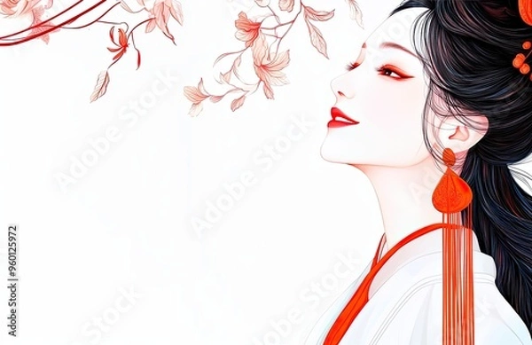 Fototapeta This elegant illustration depicts an Asian woman with flowing black hair, dressed in a vibrant red kimono. Her faces capturing a peace and softly smiling, white background 