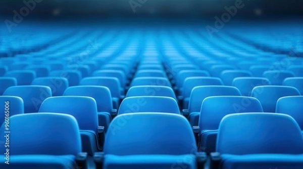 Fototapeta Vibrant Blue Seating in an Open-Air Stadium, showcasing a lively atmosphere for sports events and gatherings, enhancing the excitement of the crowd and participants.