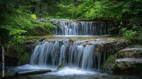 Fototapeta tranquil forest cascade serene woodland waterfall lush greenery natures hidden gem landscape photography