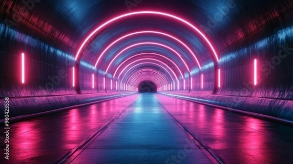 Fototapeta A tunnel with neon lights is lit up in a neon pink color