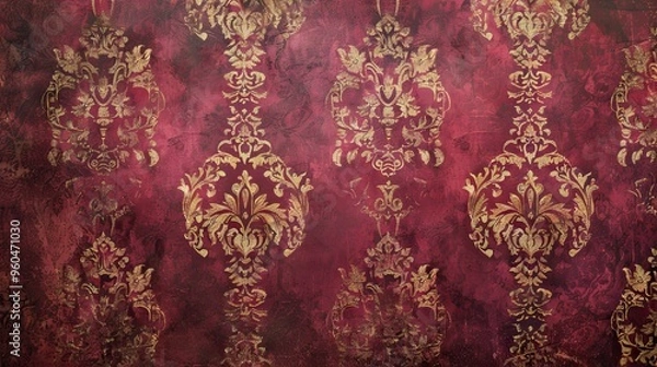 Fototapeta Vintage backdrop with rich burgundy and gold embossed patterns slightly aged