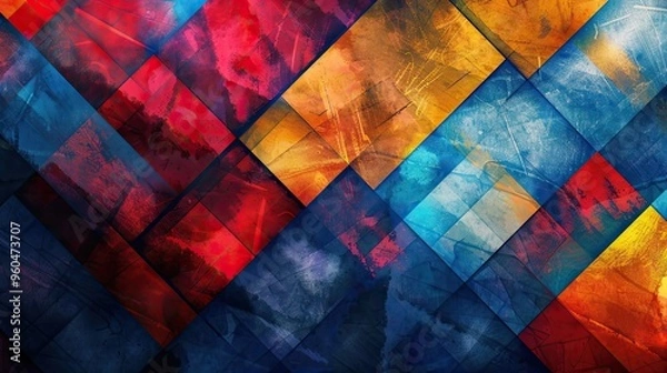 Fototapeta Vibrant Cubist background with bold lines and bright colors like red blue and yellow