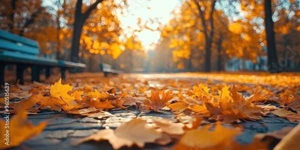 Fototapeta Autumn background with orange fall leaves. Garden scene on fall season with bright shiny sun ray and maple tree