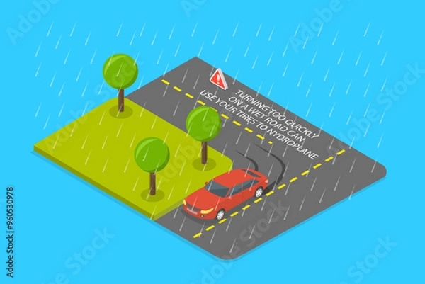 Fototapeta 3D Isometric Flat Vector Illustration of Rainy And Slippery Road, Tips and Rules for Safe Car Driving