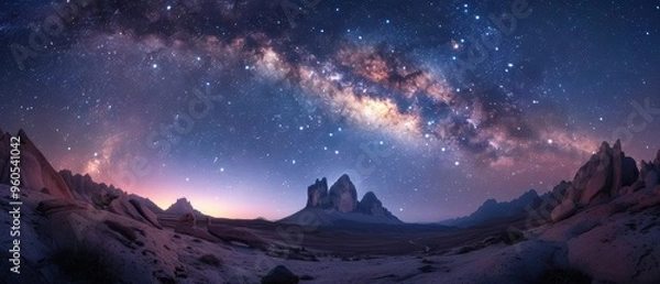 Fototapeta Cosmic Splendor: Stunning 8k UHD Milky Way Over Rugged Landscape for Astrophotography Enthusiasts