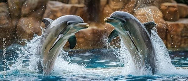 Fototapeta Energetic Dolphins Engaging in Playful Interactions Underwater