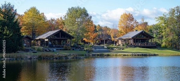 Fototapeta Peaceful lakeside retreat in autumn with cozy wooden cabins, perfect for relaxation and mindfulness practices